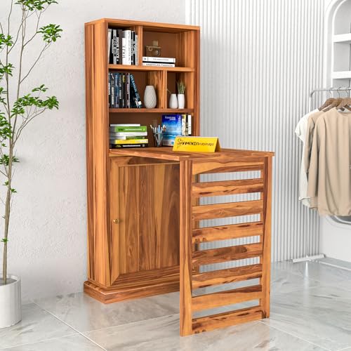 Image of Solid Sheesham Wood Foldable Study Table with Bookshelf & Storage Cabinet | Rosewood Study Desk for Home & Office (A-Honey Finish)