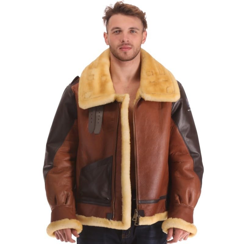 PIECOLOURB3 bomber leather jacket reddish brown leather golden wool 18mm straight hair, high density, heavy, warm.