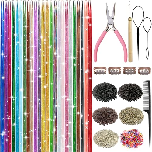 Hair Tinsel 24 Colors 9800 Strands Hair Tinsel Kit with Tools Heat Resistant Tinsel Hair Extensions Party Festival Colorful Fairy Hair Accessories for Girls Women (24 Colors)