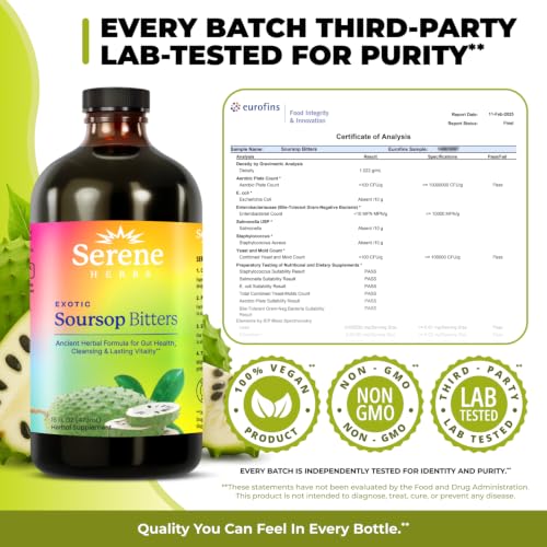 Image of Serene Herbs Soursop Bitters Liquid with Soursop Leaves for Gut Cleanse, Detox & Immune Boost with Black Seed, Moringa, Irish Moss, Ashwaganda, Turmeric, 16 fl oz (16 Fl, Soursop)