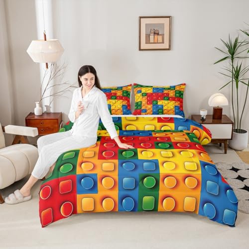 Image of Feelyou Toddler Building Blocks Comforter Set King Size Kids Toy Brick Comforter for Boys Teens Games Bedding Set Breathable Colorful Duvet Set Room Decor Quilt Set