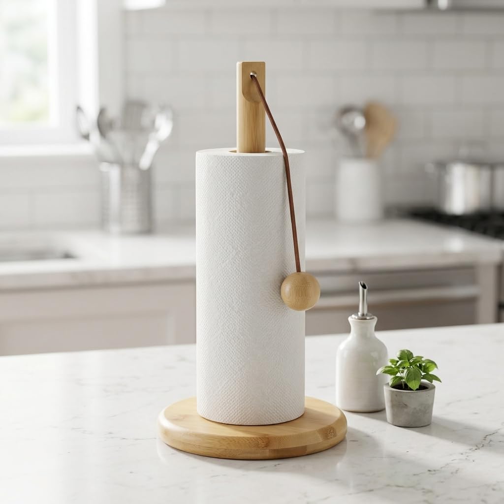 Deconox Doğal Bambu Bohem Top Tutacaklı Kağıt Havluluk - Dekoratif Ahşap Stand (30x14 cm, Kahve ve Bambu Renk Seçenekli, 1 Adet) (DOĞAL)