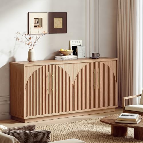 Image of 65 inch Buffet Cabinet with Storage, Fluted Sideboard Cabinet with 4 Arched Doors & Adjustable Shelves, Credenza Accent Cabinet Console for Dining Room, Living Room, Entryway