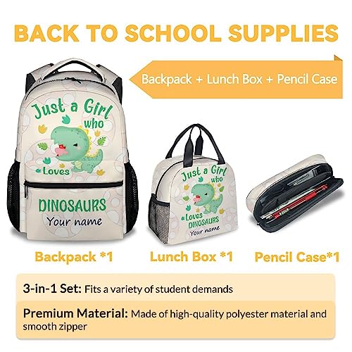 Personalized Dinosaur Backpack with Lunch Box Set for Girls - 3 in 1 Primary Middle School Backpacks Matching Combo - Large Capacity, Durable, Lightweight, Green Bookbag and Pencil Case Bundle3