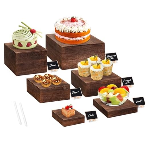 LEIFEOSH 6 Pack Wooden Risers Display Stands with Mini Signs Square Food Risers for Buffet Party Rustic Wood Cake & Cupcake Stands Nesting Box Wooden Crates for Display