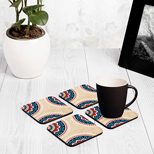 Image of Wooden Coaster Set with Gift Box | Mandala Vintage Design | Set of 4 Tabletop Square Coasters 3.75 inch x 3.75 inch | Kitchen Table Wooden Decorative Items | for Cups, Mugs, Cans, Glasses