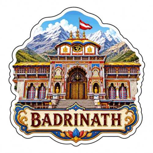 Image of Badrinath Temple Theme Wooden Fridge Magnet Souvenir | 3x3 in Kitchen Home Decor Gift