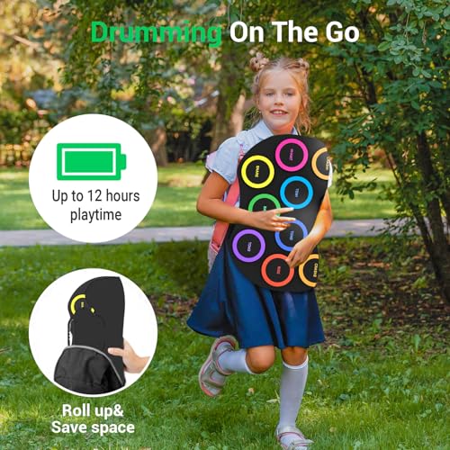image for ROCKSOCKI Electronic Drum Set 9Pads with LED Lights, Bluetooth Portabl