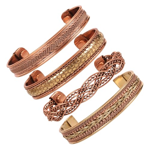 Image of Touchstone Copper Bracelet Tibetan Style. Hand Forged with Solid and high Gauge Pure Copper. Set of 4 Different Designs in Twisted Wires Braided Style.