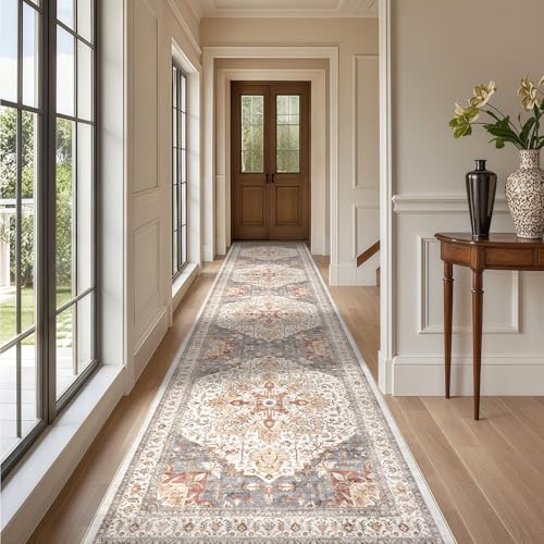 Tortania Area Rug 3x14 Runner Rugs - Washable Vintage Oriental Farmhouse Thin Indoor Carpet for Living Room Bedroom Hallway Entryway Kitchen Under Dining Table Home Office - Orange Multi