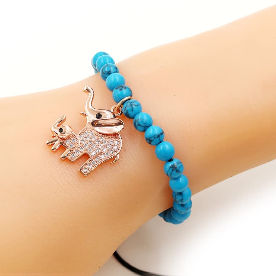 Image of Matte Agate Black Onyx /Turquoise Beads Bracelet, Good Luck Mom and Baby Elephant Bracelet, To My Mom Bracelet Gifts for Mothers Day from Daughter