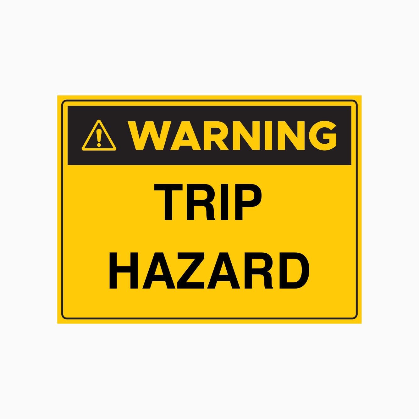 TRIP HAZARD Sign, 12x8 Metal Tin Sign, simple caution for floors with trip risks in workplaces.