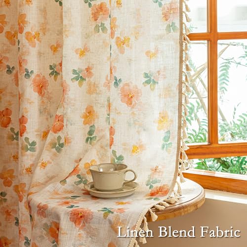 Image of MYSKY HOME Floral Boho Linen Curtains 84 inch Long 2 Panels Set Farmhouse Vintage Orange Printed Semi Sheer Light Filtering Spring Window Drapes With Tassels Back Tab for Living Room Bedroom, W50 inch
