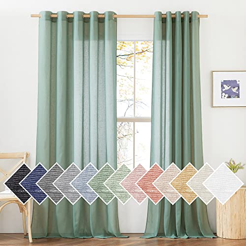 NICETOWN Linen Sheer Sliding Door Curtains 84 inch Long for Living Room, Grommet Semi Sheer Vertical Drapes Privacy with Light Filter for Home Office, W70 x L84, Olive Green, 1 Pair
