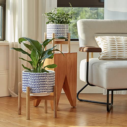 Large Ceramic Plant Pot With Stand - 9.4 Inch Modern Cylinder Indoor Planter With Drainage Hole For Snake Plants, Fiddle Fig Tree, Artificial Plants, Blue & White #TOP3