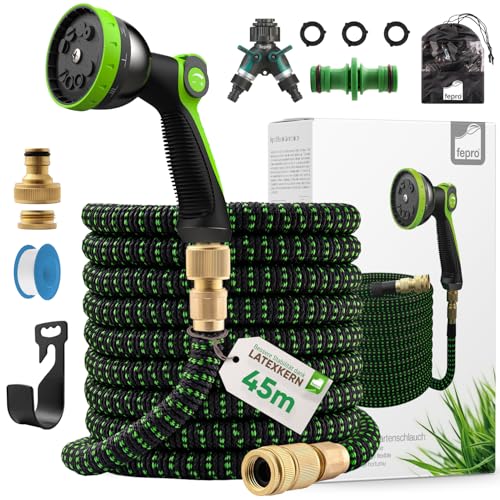 Fepro® Flexibler Gartenschlauch mit 10 Funktion 45m Premium, Wasserschlauch flexibel mit 3-Fach Latexkern inkl. Vollmessing Adapter für 1/2\' 3/4\' Zoll, Tasche, 2-Wege Ventil und Wandhalterung Fepro® Flexibler Gartenschlauch mit 10 Funktion 45m Premium, Wasserschlauch flexibel mit 3-Fach Latexkern inkl. Vollmessing Adapter für 1/2\' 3/4\' Zoll, Tasche, 2-Wege Ventil und Wandhalterung