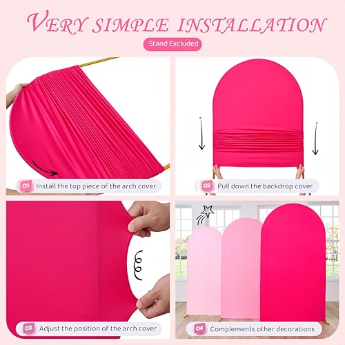 Image of Gradient Pink Arch Backdrop Cover Set of 3 (7.2ft, 6.6ft, 6ft), Ombre Hot Baby Blush Pink Chiara Frame Covers, Spandex Wrinkle-Free Fabric for Girl Birthday Party Decor (No Stand)