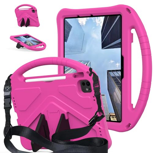 Étui iPad Air 11 M3 M2 rose rouge pour enfants avec béquille poignée et bandoulière EVA