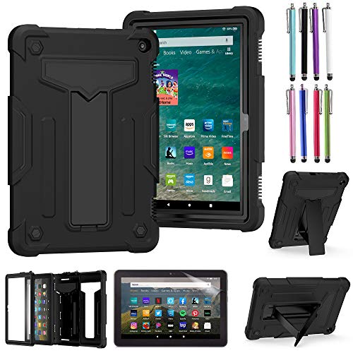 EpicGadget Case for Amazon Fire HD 8 / Fire HD 8 Plus (12th Generation, 2022 Released) - Heavy Duty Hybrid Protection Cover Case with Kickstand + 1 Screen Protector and 1 Stylus (Black/Black)