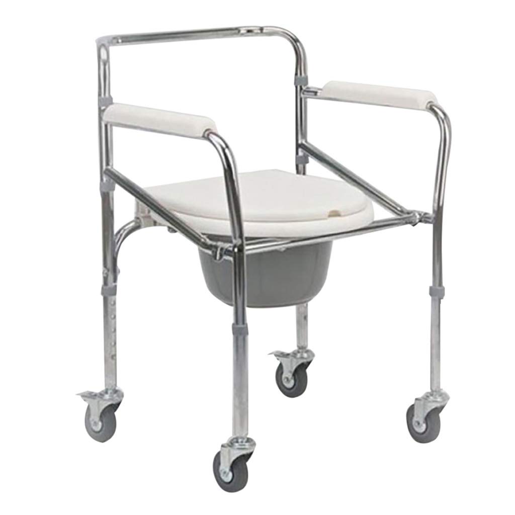 Elderly Commode Chair - Fold Commode Belt Wheel - Carbon Steel Adjustable Height Toilet Seat Shower Chair Meal Seat