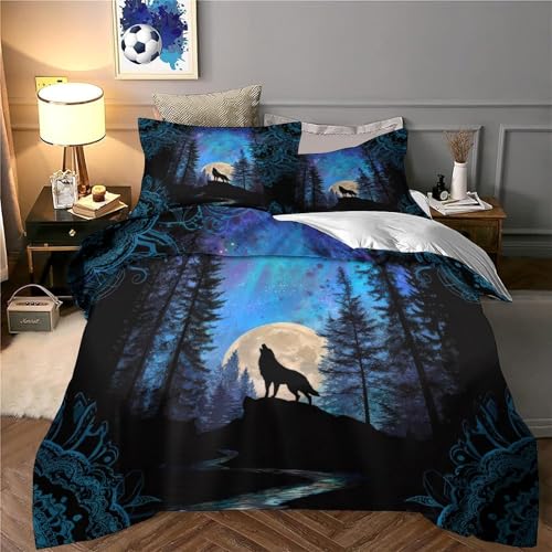 Housse de couette loup imprimé 3D lit simple microfibre hypoallergique 135x200