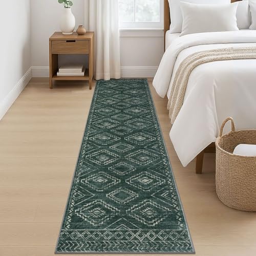 KILOCOCO Hallway Runner Rug 2'x8' Runners for Hallways Washable Runner Rug Non Slip Laundry Room Rug Low-Pile Rug Runner for Bedroom Kitchen Living Room Boho Rug, Green