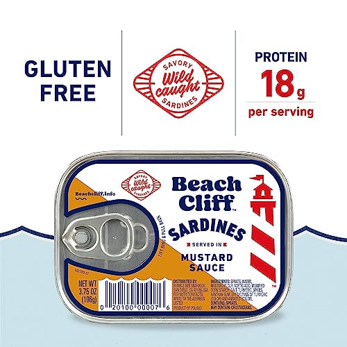 Beach Cliff Wild Caught Sardines in Mustard Sauce, 3.75 oz Can - 16g Protein per Serving - Gluten Free, Keto Friendly - Great for Pasta & Seafood Recipes