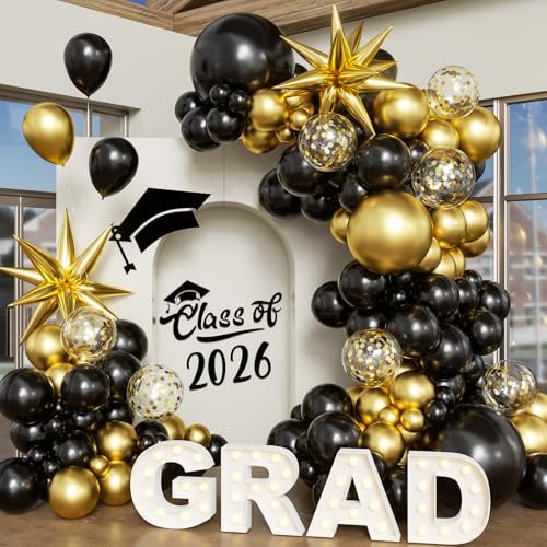 Black Gold Balloon Arch Kit Graduation Decorations 2026 130Pcs Black and Gold Balloons and Foil Star Balloon with Confetti Ribbons Grad Party Decorations for College High School Class of 2026