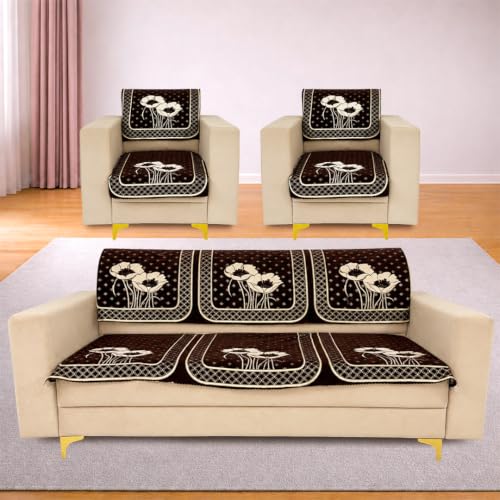 Image of Homerz Premium Chenille Fabric Sofa Cover | Soft, Durable & Dustproof | Decorative Couch Cover (Florida Coffee, 5 (3+1+1) Seater, Seat Cover with Backrest)