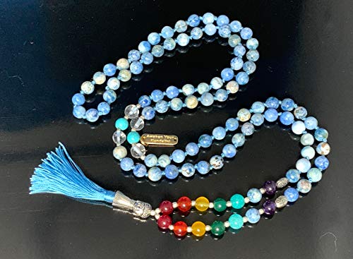 Energized 7 Chakra mala Hand Knotted 108 mala Beads Necklaces - Japa mala - Buddhist Prayer Beads - Meditation Beads - Healing Crystals for Men Women (Sodalite 5th Chakra Throat Chakra mala)