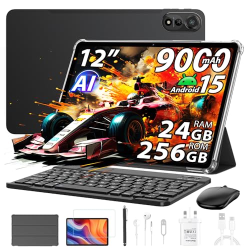 Blackview Mega 2 12 Pulgadas Tablet con Teclado y Ratón, 24GB+256GB/2TB Juegos Tablet Android 15, 2.4K FHD+, 4G LTE,5G WiFi, 9000mAh Juegos Tabletas, Modo PC/OTG/3.5mm, Funda+lápiz Inteligente, Negro