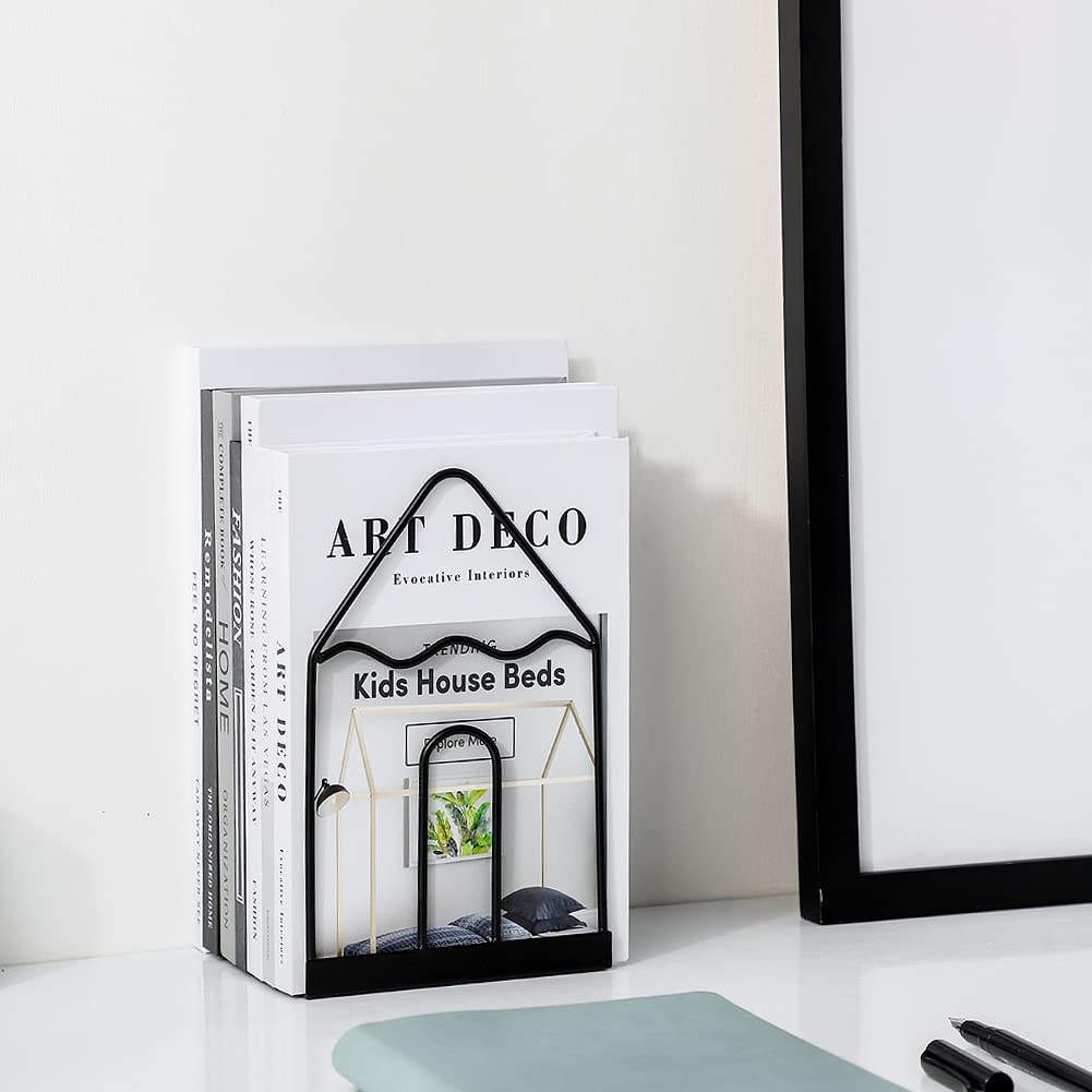 Winterworm Metal Decorative Bookends - Black, Set Of 2 - Simple Style Lengthways Vertical Book Pattern, Non-skid, Ideal For Home Office Study Book Shelf