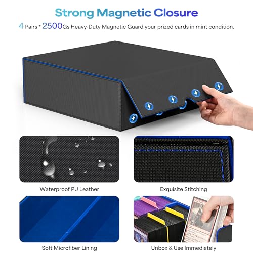 Image of UAONO Trading Card Storage Box, Holds 2400 Sleeved Cards with 24 Dividers & 4 Stoppers, Magnetic Closure PU Leather Card Case for MTG, PTCG, YGO, Sports Cards (Black&Blue)
