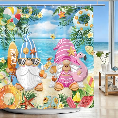 APROPHIC Summer Beach Shower Curtain Tropical Palms Leaves Gnomes Bathroom Decor Waterproof Fabric Shower Curtain Set with 12 Hooks Bathroom 72x72 Inch