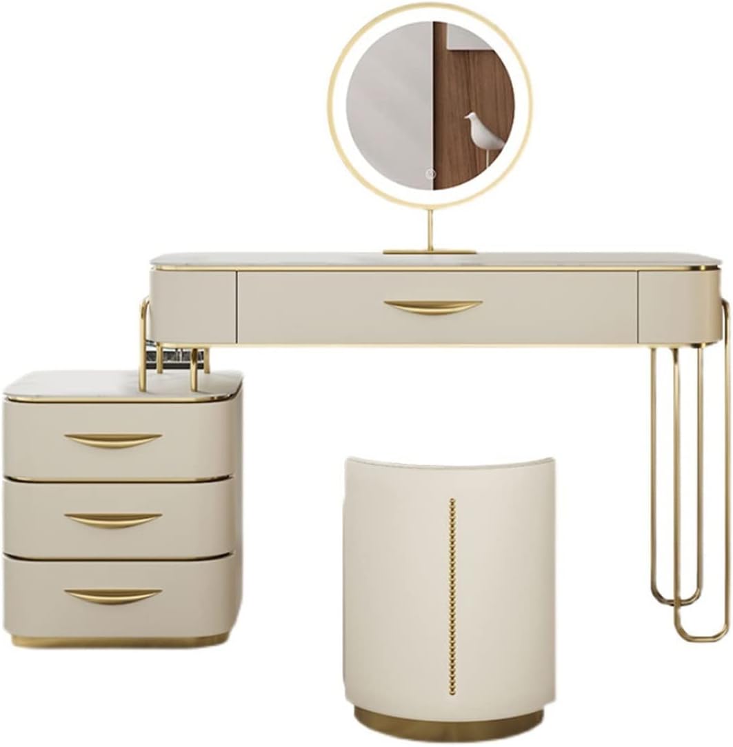 Vanity Dressing Table Set Luxury Makeup Bench with 3 Colors Led Hd Mirror,Comfortable Stool Drawers Cabinet,Modern Simple Style,for Girl's Gift (Size : 100cm) ()
