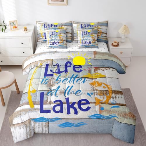 Erosebridal 7Pcs Lake House Comforter Set Queen Size, Boys Lake Theme Bed in a Bag with Flat Sheet and Fitted Sheet Retro Country Farmhouse Bedding Set with Pillowcases & Throw Pillow Covers