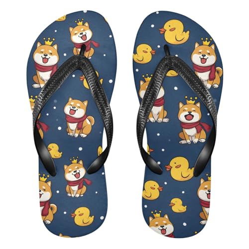 ALAZA Crown Corgi Dogs Yellow Ducks Flip Flops for Women Fashion Beach Slippers Comfort Mens Flip Flops Non-Slip Rubber Shower Slippers Sandal for Hotel Travel Sport,XS
