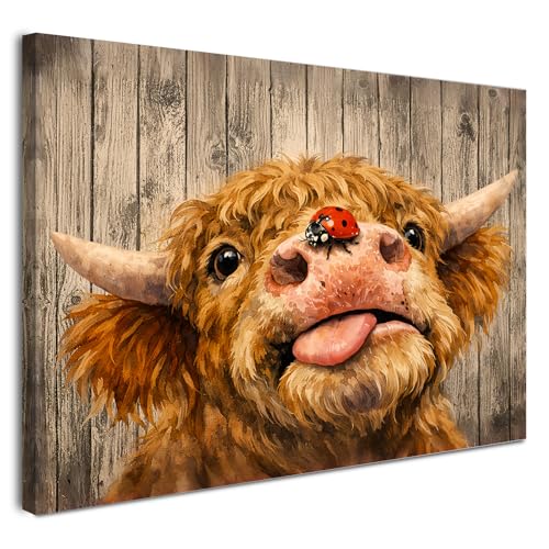 Alptiny Szkocka wołowina góralska, 30 x 40 cm, obraz na płótnie z ramą, zabawny obraz ścienny ze zwierzętami do salonu i sypialni, montaż bez wiercenia, montaż z zapięciem na rzepy, trwały kolor i