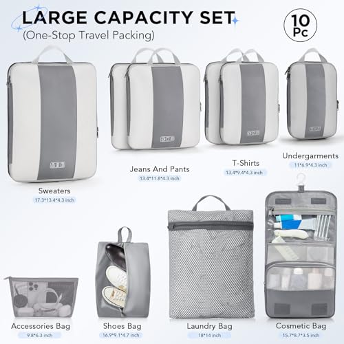 Image of OlarHike 10-Pack Compression Packing Cubes for Travel Essentials,Compressible Expandable Packing Cubes for Suitcase,Luggage Garment Bags for Travel,Handy Helper for Organizing Clothes(Gray)