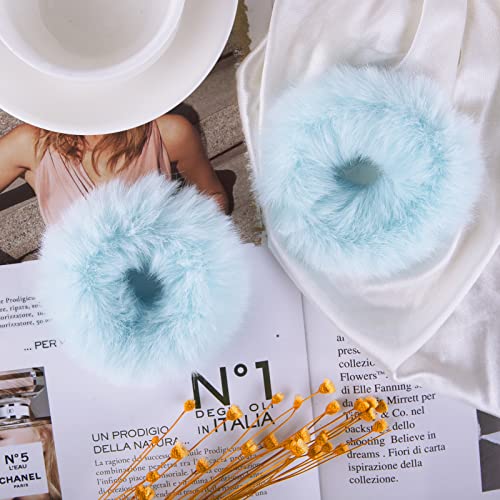 2 Pcs Light Blue Pom Pom Hair Tie Fuzzy Scrunchies Furry Hair Bands With Faux Rabbit Fur Fluffy Elastic Hair Bobbles Ponytail Holders Girls Women Hair Accessories #TOP1