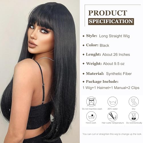 Esmee Lange Gerade Schwarze Perücken für Frauen Natuaral Synthetisch Geschichtetes Haar Brünette Perücke mit Fransen für Tägliche Party Cosplay Verwendung-26 Zoll – Bild 3