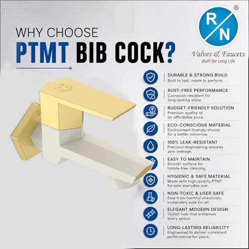 Image of RN PTMT Bib Cock for Bathroom | 15mm Foam Flow Water Tap with Flange | Luxury G20 Series Faucet | High-Grade Engineering Polymer Tap (Ivory Bright Gold Dual, Pack of 2)