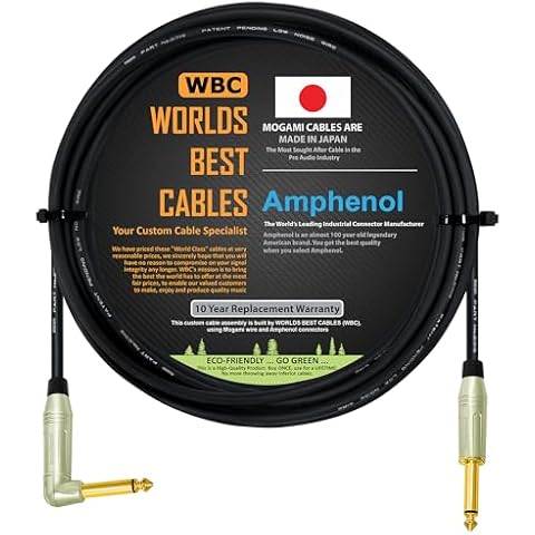 WORLDS BEST CABLES 10 Foot – Pedal, Effects, Patch, Instrument Cable Custom Made Using Mogami 2319 Wire & Amphenol ACPM-RN-AU & ACPM-GN-AU M-Series Angled & Straight Gold TS Plugs Cover