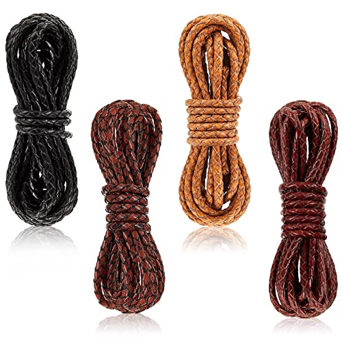 8 Yards Braided Leather Cord Antique Genuine Leather Strap Folded Bolo Tie Cord Rope Lace for Necklaces Bracelets Pendents Jewelry Making Beading Braiding Crafts, Black Brown Tawny Red Brown (4 mm)