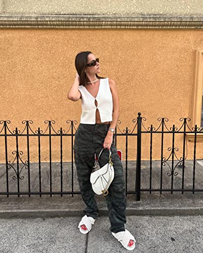 Image of Aopwsrlyi Women Crochet Knit Crop Vest Button Down V Neck Sleeveless Crop Tops Open Front Hollow Out Tank Top