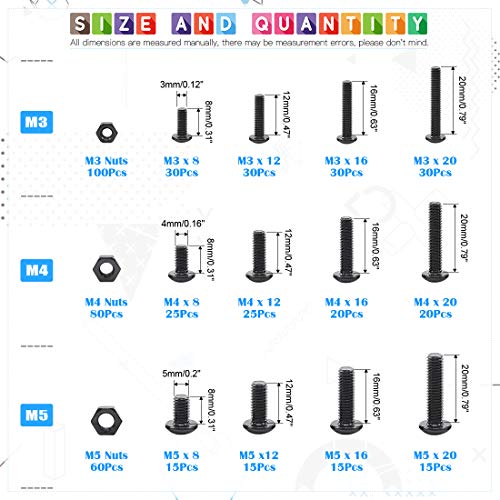 Glarks 510Pcs M3 M4 M5 Bouteilles à tête de bouton en acier allié Vis avec kit d'assortiment, finition à oxyde noir (tête de bouton)