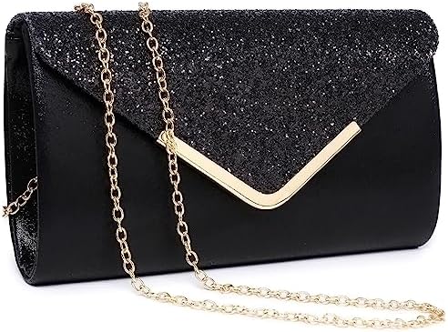 Dasein Women Evening Bags Formal Clutch Purses for Wedding Party Prom Handbags with Shoulder Strap and Glitter Flap (Black)