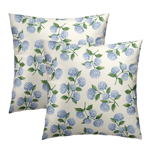 Blue Green Hydrangea Flower Throw Pillow Covers 18X18 Inches Set of 2 Spring Summer Floral Pillowcase Soft Cotton Square Seasonal Cushion Covers for Living Room Sofa Bedroom Decor