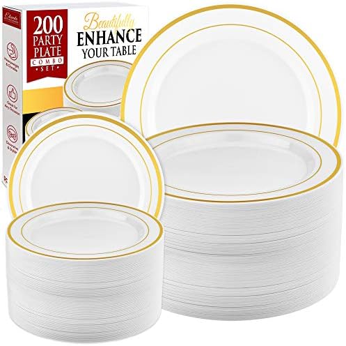 Gold Plastic Plates Set of 200, 100 Dinner Plates & 100 Salad Plates, Plastic Plates for Parties, Disposable Gold Party Plates, Elegant Dessert Salad Appetizer Dinner Plate for Weddings and Holidays