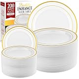 Gold Plastic Plates Set of 200, 100 Dinner Plates & 100 Salad Plates, Plastic Plates for Parties, Di